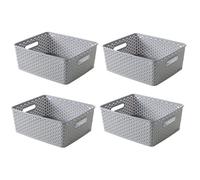 4 x Curver Plastic Storage Basket Grey Rattan Effect Medium Rectangular Tub Box