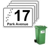 4 x Customised Wheelie Bin Number and Address Stickers Self Adhesive with Personalised House Number and Street or Road Name Waterproof and Weatherproof Custom Bin Sticker 10x15cm Paws Theme Cat Dog