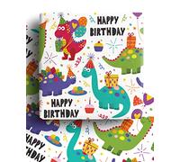 4 x Dinosaur Wrapping Paper Sheets 70cm x 50cm for Boys and Girls - Premium Recyclable Dino Gift Wrap for Kids Birthday. Made in the UK