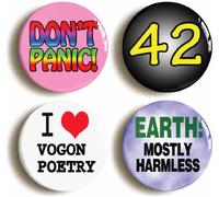 4 x"DONT PANIC MOSTLY HARMLESS 42" BADGES BUTTON PINS (Size is 1inch/25mm diameter)