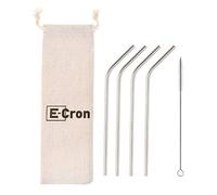 4 x E-Cron Stainless Steel Drinking Straws (Curved), Cleaning Brush and Carry Bag Included. Metal Straws, Reusable, Plastic-Free, Eco Friendly with Environmental Friendly Package.