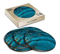 4 x Eco Boxed Cork Coasters - Blue Teal Turquoise Ink Art Drink Cup Mug Glass Table Mat #2094