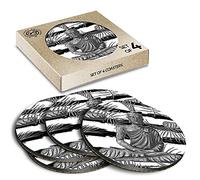4 x Eco Boxed Cork Coasters - BW - Buddha Statue Yoga Drink Cup Mug Glass Table Mat #40866