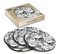 4 x Eco Boxed Cork Coasters - BW - Flowery Sugar Skull Flowers Drink Cup Mug Glass Table Mat #35743
