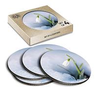 4 x Eco Boxed Cork Coasters - Pretty Snowdrop Flower Drink Cup Mug Glass Table Mat #2063