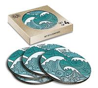 4 x Eco Boxed Cork Coasters - Surf Wave Japanese Style Drawing Drink Cup Mug Glass Table Mat #13106