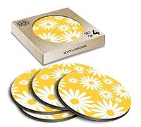 4 x Eco Boxed Cork Coasters - Yellow Daisy Flowers Sunny Drink Cup Mug Glass Table Mat #2441