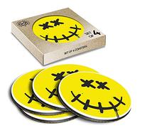 4 x Eco Boxed Cork Coasters - Yellow Dead Smiley Face Logo Drink Cup Mug Glass Table Mat #4633