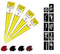 4 x FADEDA Henna Cones | 4 x 25 g Natural Paste | 2 x Black, 1 x Natural Brown, 1 x Chestnut Brown | 10 Different Sticker Stencils | 100% Vegetable | Ready to Use & without PPD
