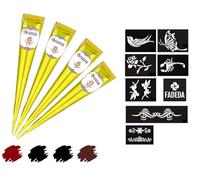 4 x FADEDA Henna Cones | 4 x 25 g Natural Paste | 2 x Black, 1 x Natural Brown, 1 x Chestnut Brown | 8 Different Sticker Stencils | 100% Vegetable | Ready to Use & without PPD