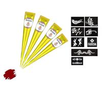 4 x FADEDA Henna Cones | 4 x 25 g Natural Paste | Chestnut Brown (Red Brown) | 8 Different Sticker Stencils | 100% Vegetable | Ready to Use & without PPD