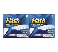 4 x Flash Magic Eraser Ultra Power Cleaning Sponges, No Chemicals Needed, Removes Tough Marks, Scuffs, Crayon, Grease & Grime from Walls, Tiles, Floors, Sinks, Kitchen & Bathroom Surfaces (Pack of 2)