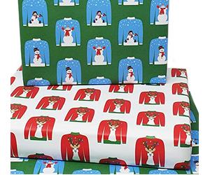 4 x Funny Eco Christmas Jumper Wrapping Paper Sheets 70cmx50cm. Premium Recyclable Xmas Gift Wrap Designed & Made in The UK from 100% Recycled Paper
