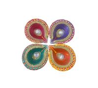 4 x Handcrafted Diwali Diyas Clay Oil Lamps with Stone Centre - Vibrant Colours, Golden Accents, Reusable Festival Lights for Puja, Navratri, Weddings, Housewarming & Home Décor