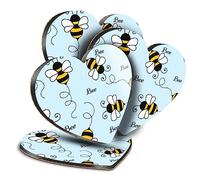 4 x Heart Coasters - Blue Honey Bee Pattern Cork Backed MDF Glossy Tea Coffee Accessory #170430