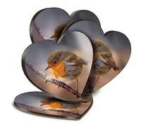 4 x Heart Coasters - European Robin Red Breast Bird England Cork Backed MDF Glossy Tea Coffee Accessory #50843