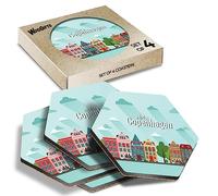 4 x Hexagon Coasters - Copenhagen Denmark Scandinavian Europe Cork Backed MDF Glossy Tea Coffee Accessory #58732