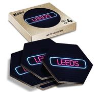 4 x Hexagon Coasters - Neon Sign Design Leeds City England Cork Backed MDF Glossy Tea Coffee Accessory #350251