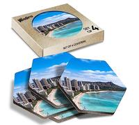 4 x Hexagon Coasters - Waikiki Beach Diamond Head Oahu Hawaii Cork Backed MDF Glossy Tea Coffee Accessory #53535