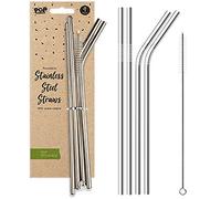 4 x Metal Stainless Steel Reusable Drinking Straws Eco Friendly + Cleaning Brush Party Summer Use Birthday Smoothie Milk Shake Water Juice Silver Bent & Straight Straws UK Free P&P