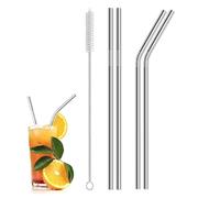 4 x Metal Stainless Steel Reusable Drinking Straws Eco Friendly + Cleaning Brush Party Summer Use Birthday Smoothie Milk Shake Water Juice Silver Bent & Straight Straws UK Free P&P