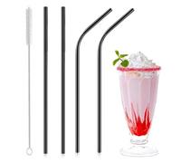 4 x Metal Stainless Steel Reusable Drinking Straws Eco Friendly + Cleaning Brush Party Summer Use Birthday Smoothie Milk Shake Water Juice Silver Bent & Straight Straws UK Free P&P (Black)