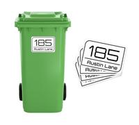 4 x Personalised Wheelie Bin Stickers, Custom Bin Number Stickers with House Number & Street Name, Waterproof PET Bin Labels, UV Resistant, Easy Peel and Stick, 100 x 150mm (Style - Carbon Edge)