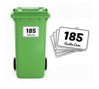 4 x PET Wheelie Bin Stickers Bin Numbers for Wheelie Bins Custom Wheelies Bins Numbers Stickers Personalised Number Sticker with House Number Street Name (Style - Sunny Script)