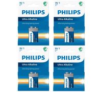 4 x PHILIPS 9V Ultra Alkaline Batteries - 6LR61 PP3 LR22 MN1604 E-BLOCK Square
