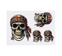 4 x 'Pirate Skull With Bandana' Temporary Tattoos - Water Resistant, Skin-Safe, Non-Toxic Transfers, Mixed Sizes (TO00077648)