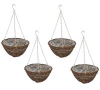 4 x Rattan Hanging Baskets 12” - Round Outdoor Planters with Liner & Chains - Garden Ready Weather Resistant Wicker 12 Inch Basket Flower Pots - Set of 4 30cm Baskets for UK Gardens Plants & Flowers