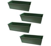 4 x Rattan Window Box Planters - 40cm Green Plastic Outdoor Trough Flower Boxes for Herbs Plants - Rectangular Balcony Window Sill Garden Plant Pots - Weather-Resistant Planter - 40cm x 15.5cm x 12cm