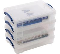 """4 x Really Useful 4 Litre Storage Boxes Clear Plastic With Lid Box Heavy Duty, Ideal for storing stationery, jewelry tools and art equipment, 39.5 x 25.5 x 8.8 cm"""