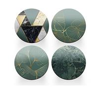 4 x Round Art Deco Coasters - Green Agate Marble Effect Set Theme Women House Warming Circle Drinks Kitchen Decoration Décor Gift #80177
