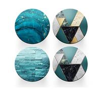 4 x Round Art Deco Coasters - Teal Blue Agate Marble Effect Set Theme Women House Warming Circle Drinks Kitchen Decoration Décor Gift #80167