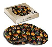 4 x Round Coasters - African Tribal Masks Africa Cork Backed MDF Glossy Tea Coffee Accessory #50052
