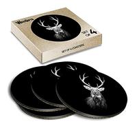 4 x Round Coasters - Black & White Deer Wild Animal Cork Backed MDF Glossy Tea Coffee Accessory #63022