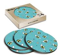 4 x Round Coasters - Buzzy Bees Daisy Flowers Love Hearts Cork Backed MDF Glossy Tea Coffee Accessory #170452
