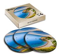 4 x Round Coasters - Dorset Coastline Beach England UK Cork Backed MDF Glossy Tea Coffee Accessory #50768
