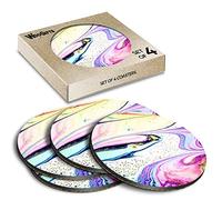 4 x Round Coasters - Marble Art Unicorn Ink Effect Pink Cork Backed MDF Glossy Tea Coffee Accessory #53060