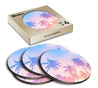 4 x Round Coasters - Palm Tree Tropical Summer Holiday Paradise Cork Backed MDF Glossy Tea Coffee Accessory #53123