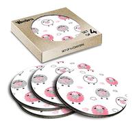 4 x Round Coasters - Sheep Pattern Pink Grey White Clouds Cork Backed MDF Glossy Tea Coffee Accessory #170870