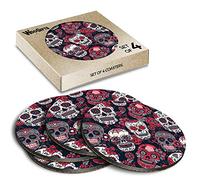 4 x Round Coasters - Sugar Skulls Day of the Dead Cork Backed MDF Glossy Tea Coffee Accessory #170015