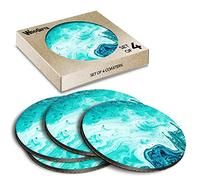 4 x Round Coasters - Teal Aqua Ink Art Marble Effect Cork Backed MDF Glossy Tea Coffee Accessory #53471