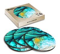 4 x Round Coasters - Teal Green Blue Ink Effect Marble Cork Backed MDF Glossy Tea Coffee Accessory #53473