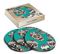 4 x Round Coasters - Teal Sugar Skull Pattern Day of the Dead Halloween Cork Backed MDF Glossy Tea Coffee Accessory #170895