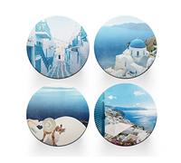 4 x Round Santorini Coasters - Travel Greece Greek Set Theme Women House Warming Circle Drinks Kitchen Table Decoration Décor Gift #77928