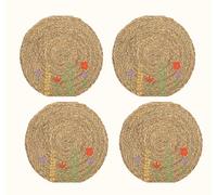 4 x Rustic Country Garden Flower Design Woven Circular Rattan Placemats - Natural/Multi-coloured - 38 cm
