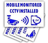 4 x Signs CCTV Mobile Monitored Installed Stickers EXTERNAL 24hr Security Warning Camera Vinyl Video Recording Home Premises Business Shop Blue on White 90x60mm