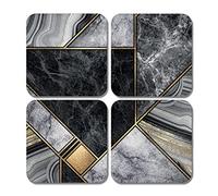 4 x Square Art Deco Coasters - Marble Effect Gold Black Set Theme Gift #78457